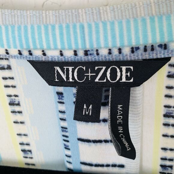 Nic+Zoe Top Women M Blue Stripe Sheer Flowy Button Front Roll Tab Career Office - Picture 3 of 7